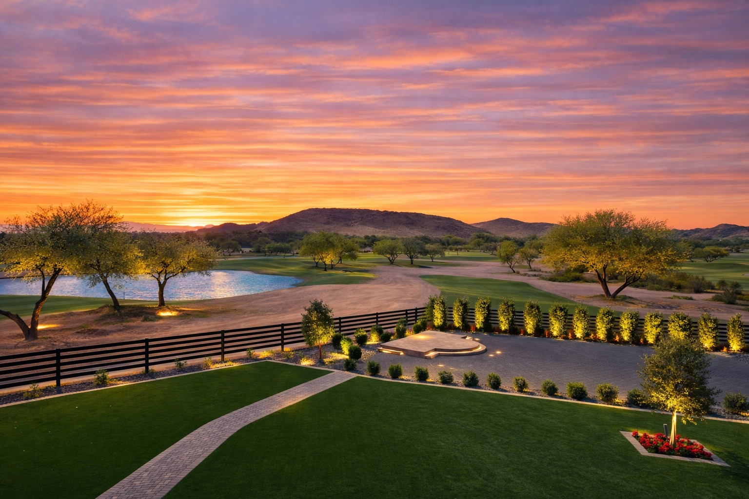 Sunset view overlooking the outdoor wedding ceremony lawn at The View at The 500 Club in North Phoenix with desert and golf course scenery