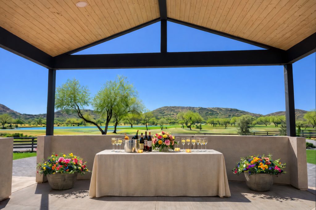 Guests enjoying sunset cocktail hour at The View at The 500 Club in North Phoenix with scenic golf course and desert views