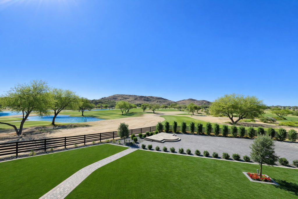 Aerial view of the outdoor wedding ceremony lawn at The View at The 500 Club in North Phoenix with surrounding desert and golf course views