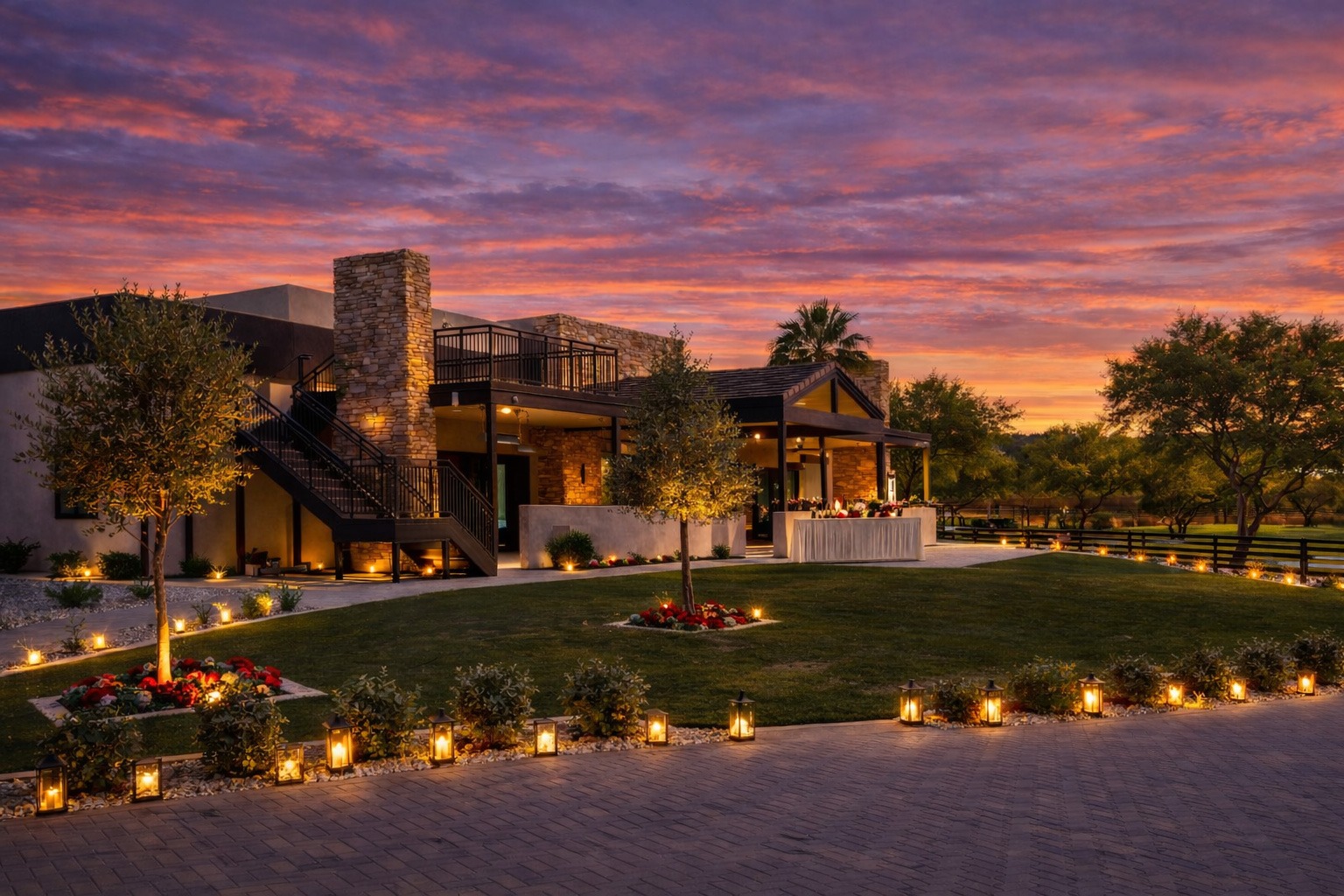 Wedding cocktail hour setup at The View at The 500 Club in North Phoenix with scenic desert and golf course views